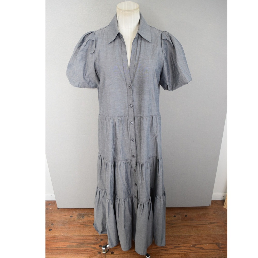 Brochu Walker The Havana Tiered Midi Dress Medium Grey Button Front Puff Capsule